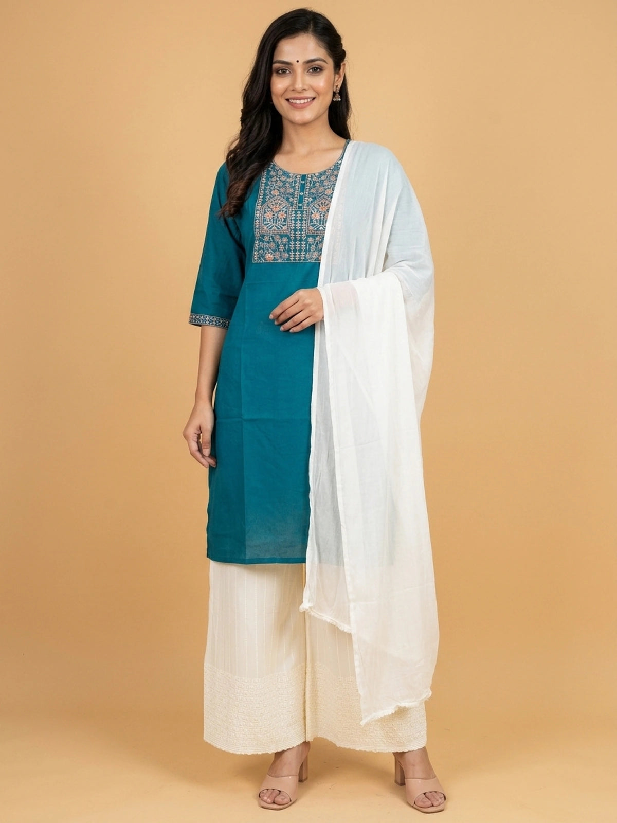 Teal Blue cotton Anarkali kurti top with copper and cream floral embroidered yoke