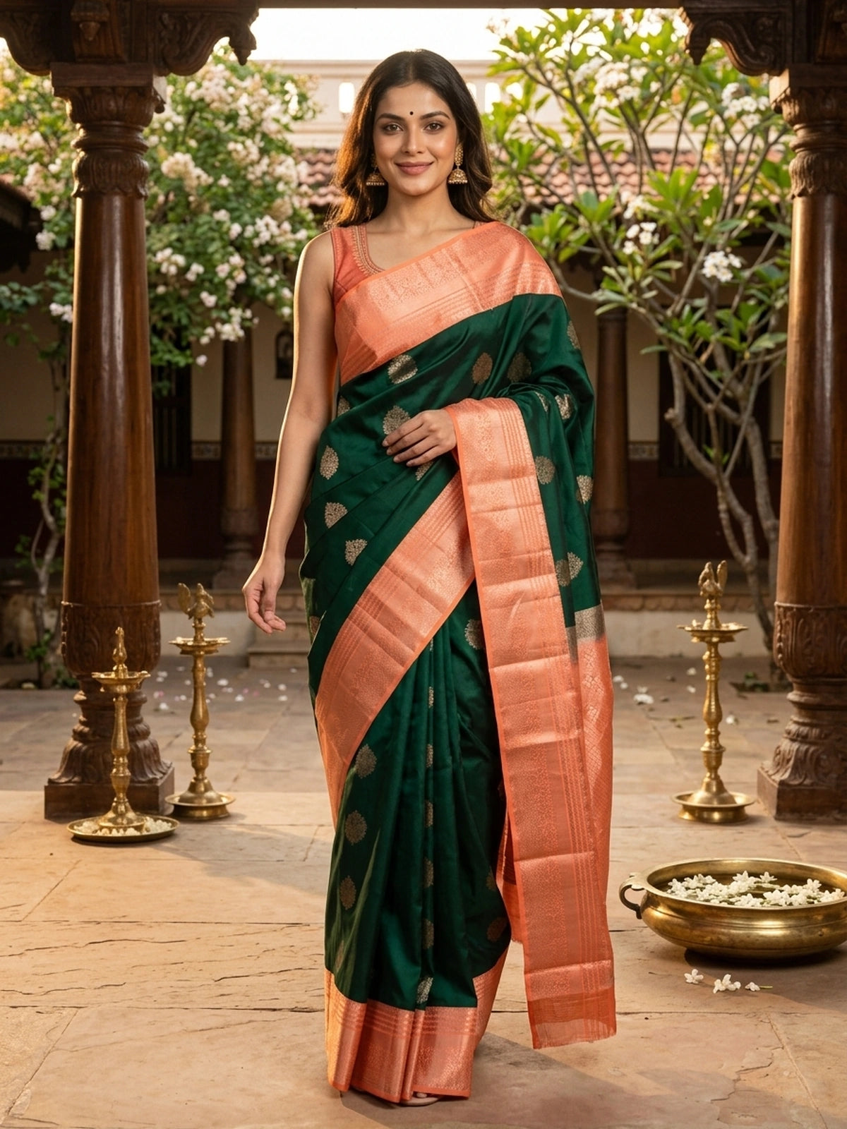 Bottle green pure Kanchipuram silk saree with contrast peach copper-zari border and pallu