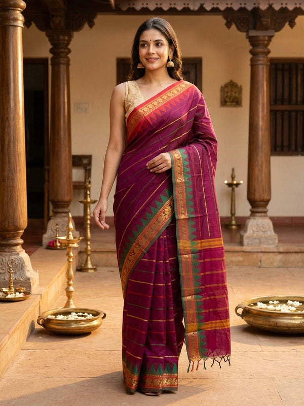 Magenta wine Chettinad cotton saree with red contrast border, gold zari peacock motifs and green temple design