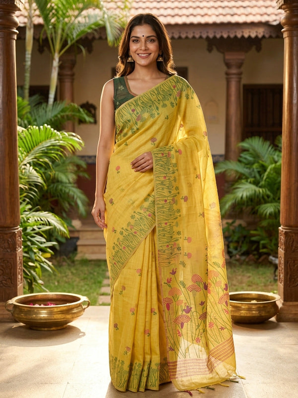 Yellow linen cotton saree with pink and purple floral motifs, floral meadow pallu and contrast green blouse