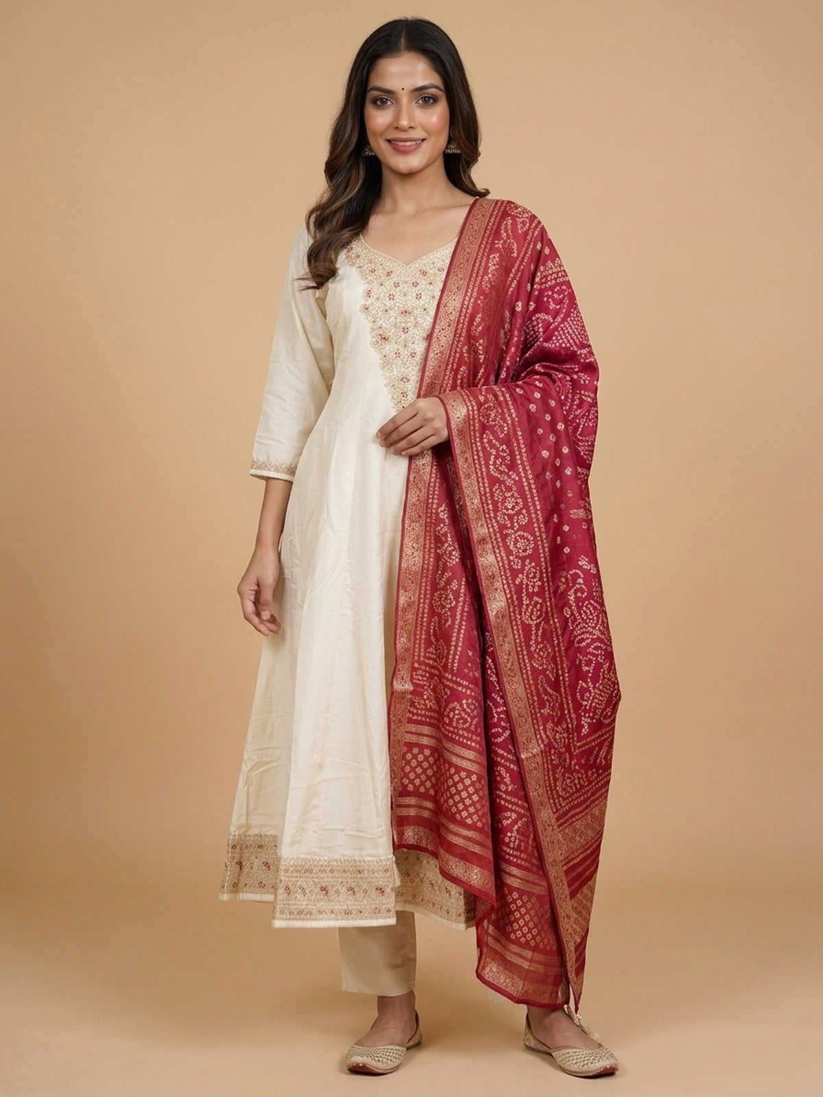 Cream zari embroidered anarkali kurti set with maroon bandhani dupatta and cream straight pants