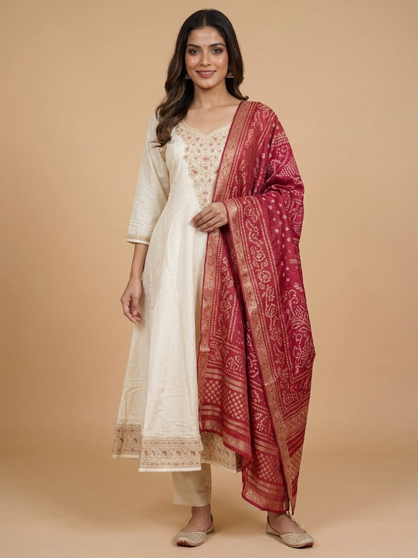 Cream zari embroidered anarkali kurti set with maroon bandhani dupatta and cream straight pants