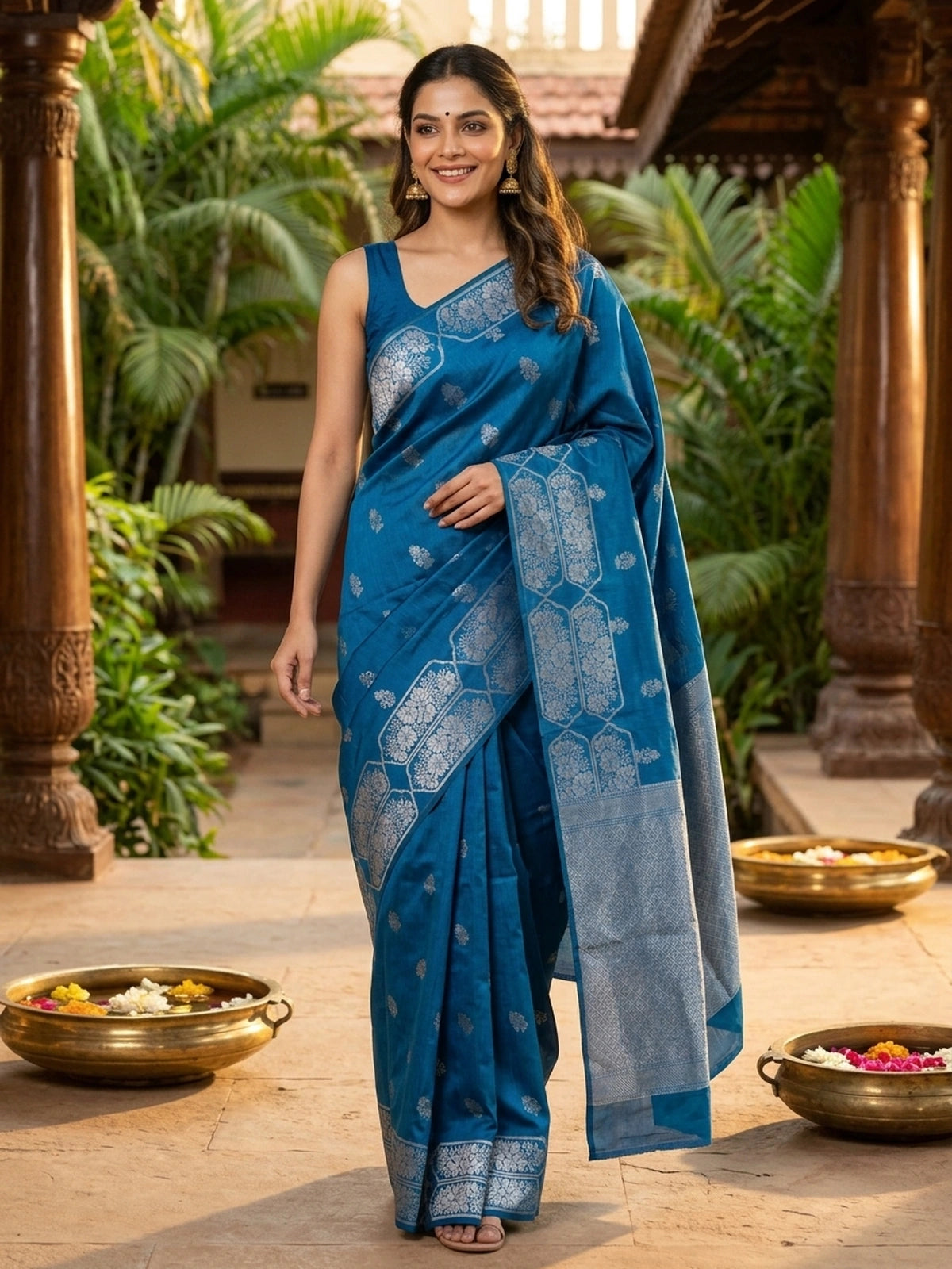 Peacock blue silk cotton saree with silver zari floral buttas and diamond-patterned border