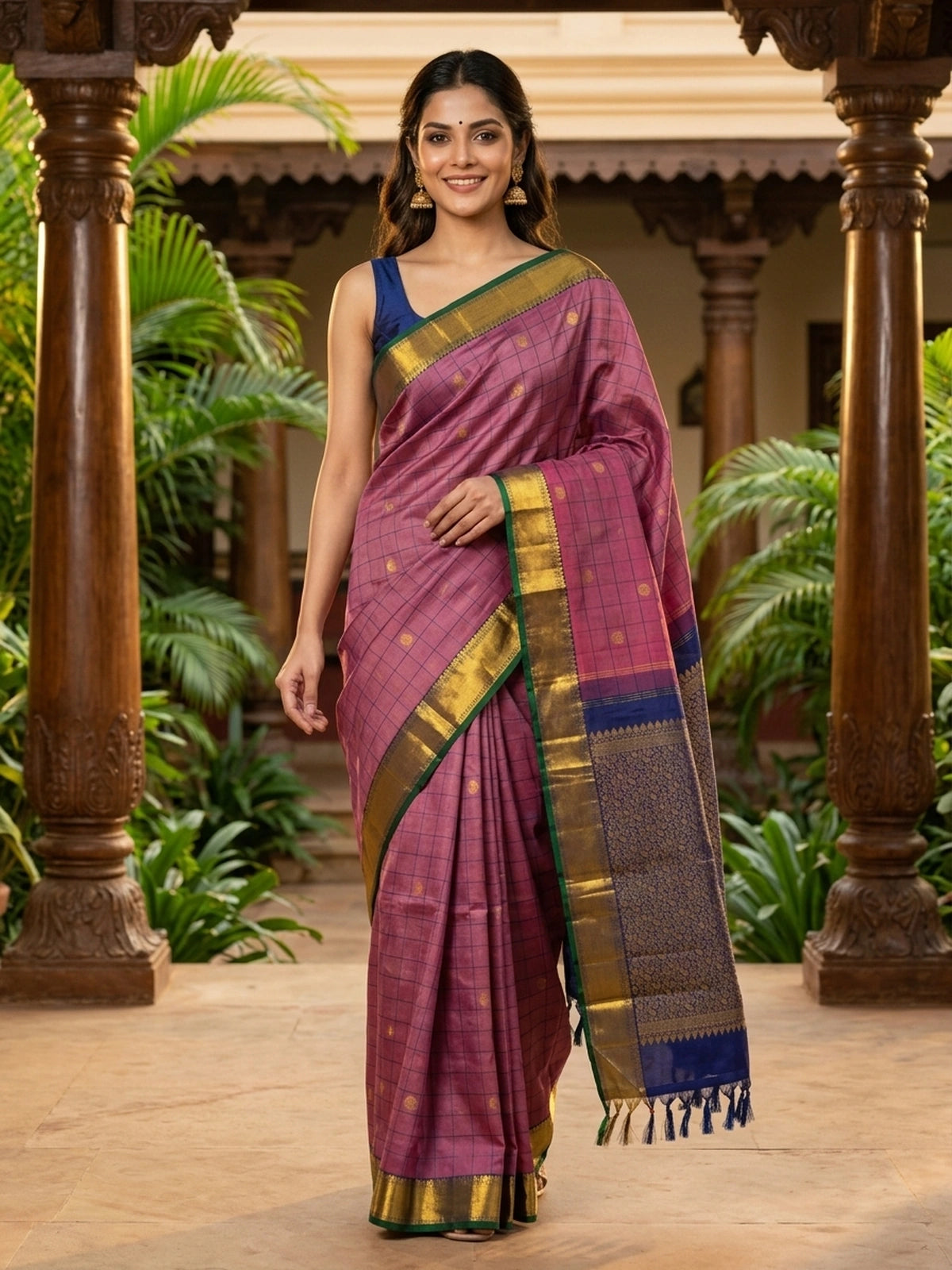 Onion pink and navy blue pure Kanchipuram silk saree with checked body, gold zari border and floral zari pallu