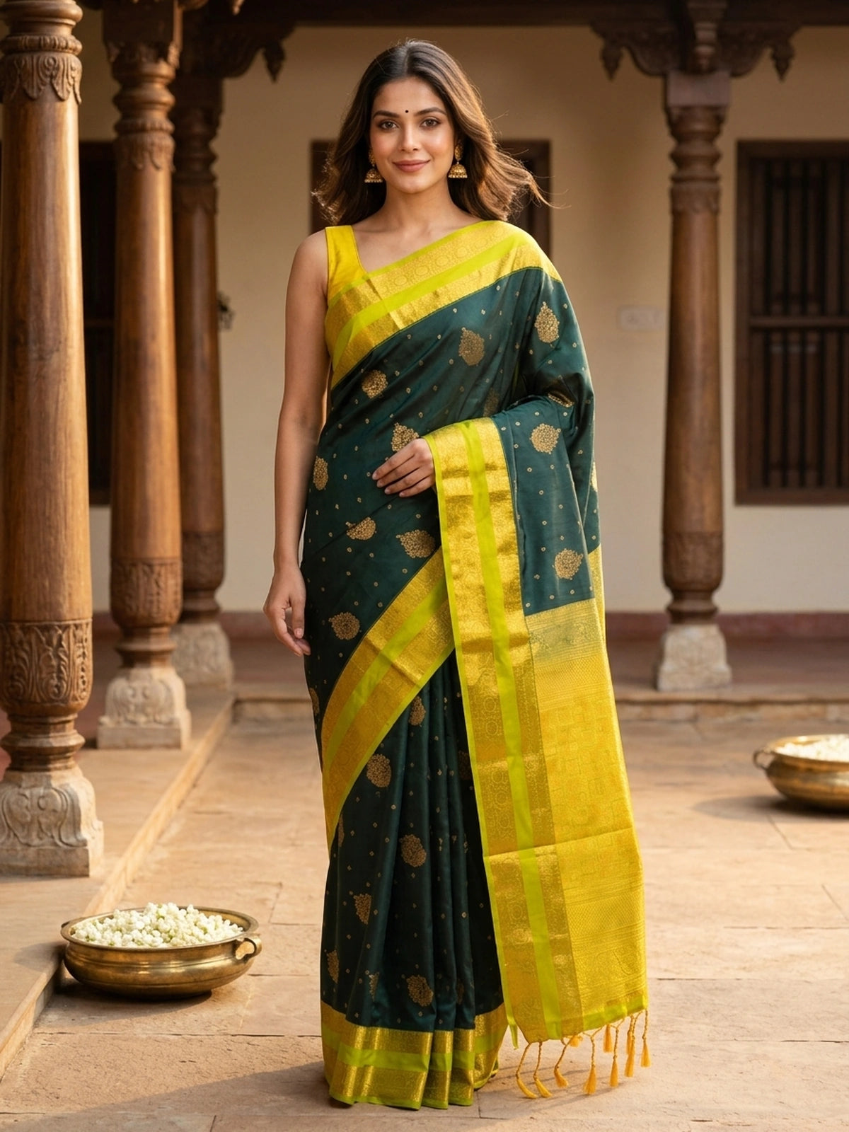 Bottle Green and Lime Gold Kanchipuram Fancy Silk Saree