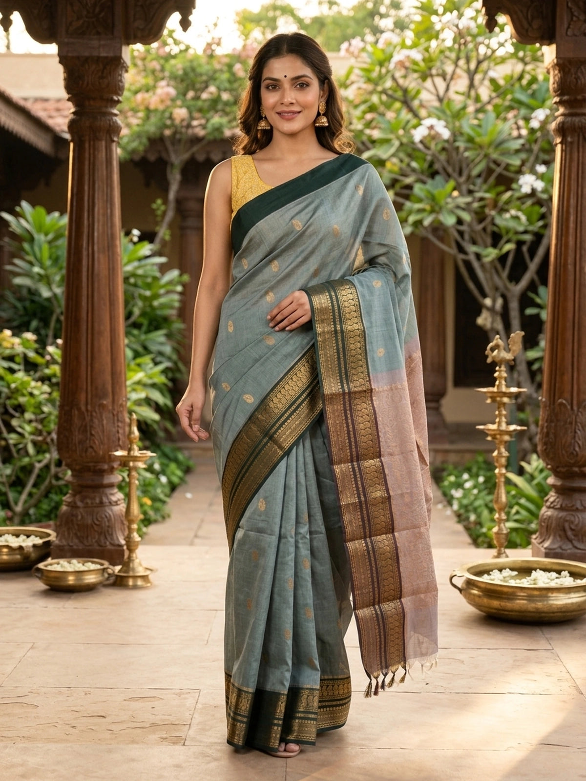 Sage green Chettinad cotton saree with teal gold zari contrast border and paisley buttas
