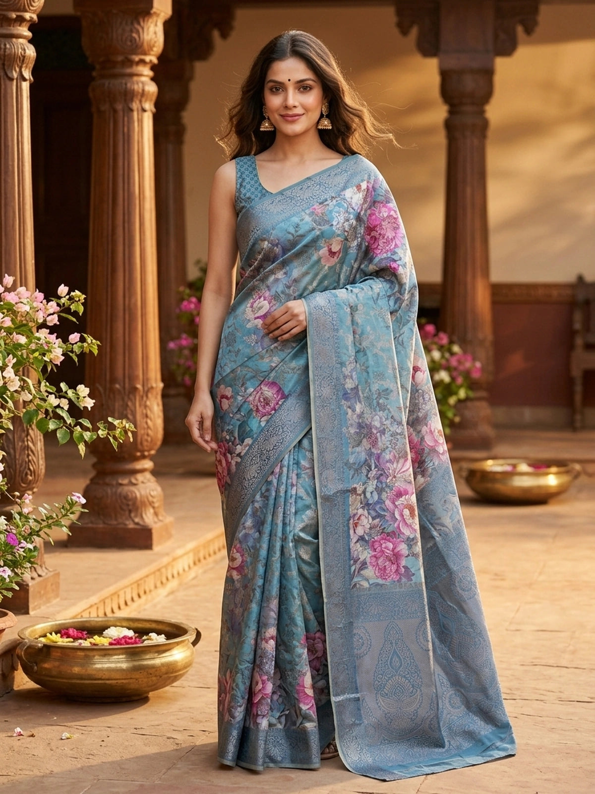 Teal Blue and Pink Floral Semi Tussar Saree