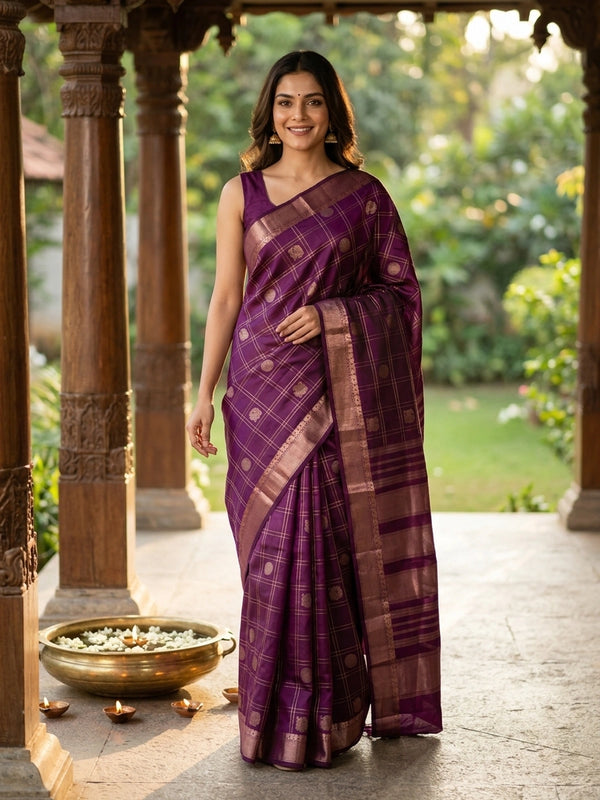 Wine purple pure Kanchipuram silk saree with gold zari checks, woven buttas and contrast zari border