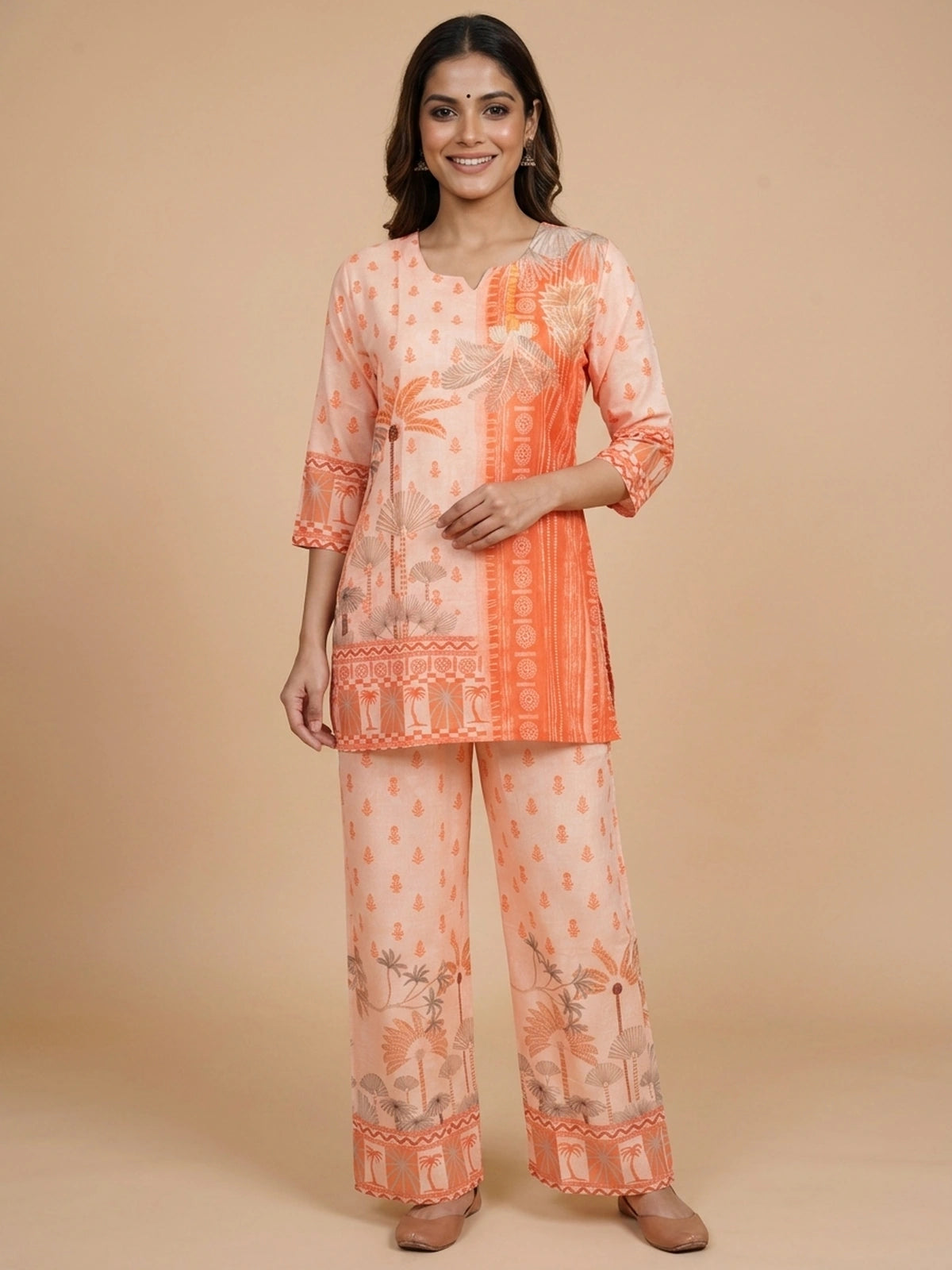 Peach and orange cotton tropical palm print co-ord set with short kurti and wide-leg pants