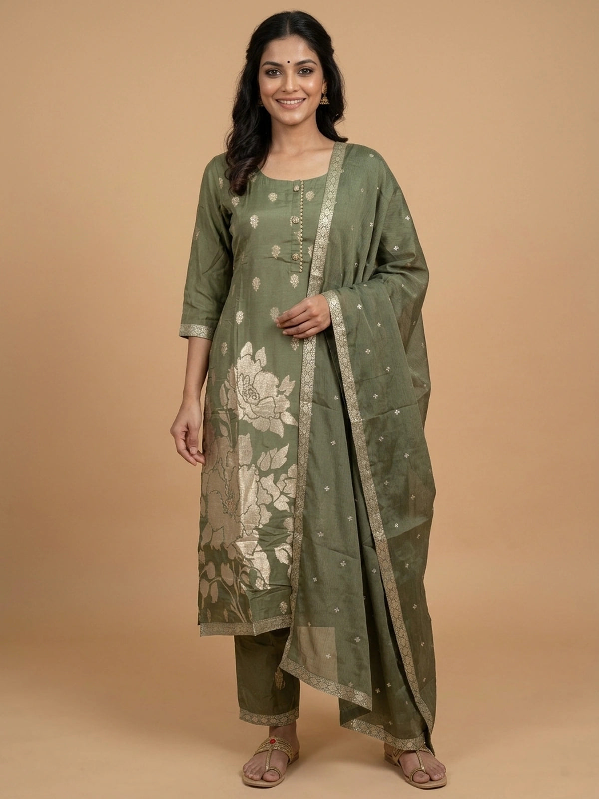 Olive Green zari floral silk straight cut kurti set with dupatta