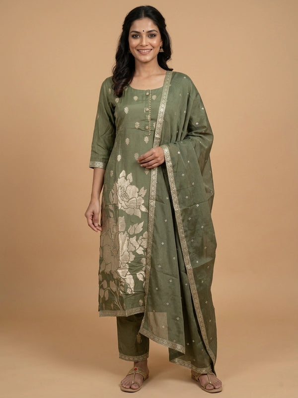 Olive Green zari floral silk straight cut kurti set with dupatta