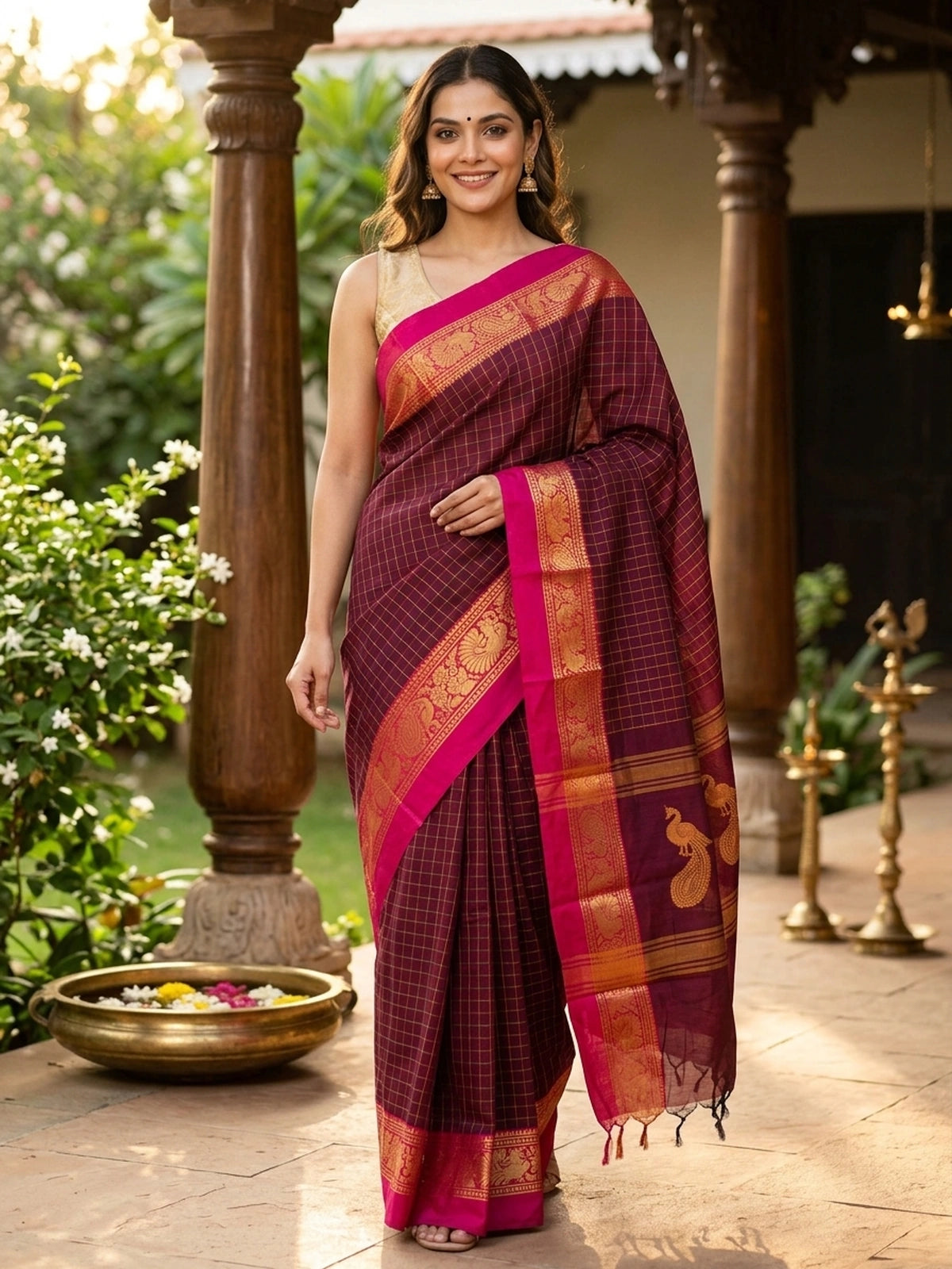 Maroon Chettinad cotton saree with checked body, contrast pink zari border and gold peacock motif pallu