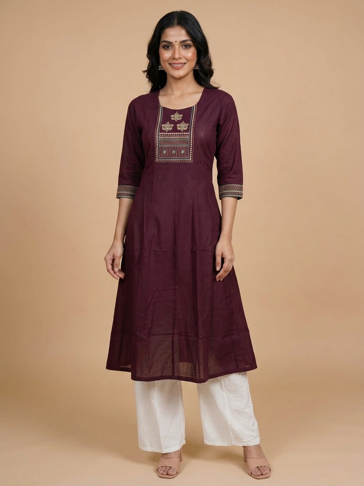 Wine cotton Anarkali kurti top with gold and teal zari embroidered yoke and 3/4 sleeves