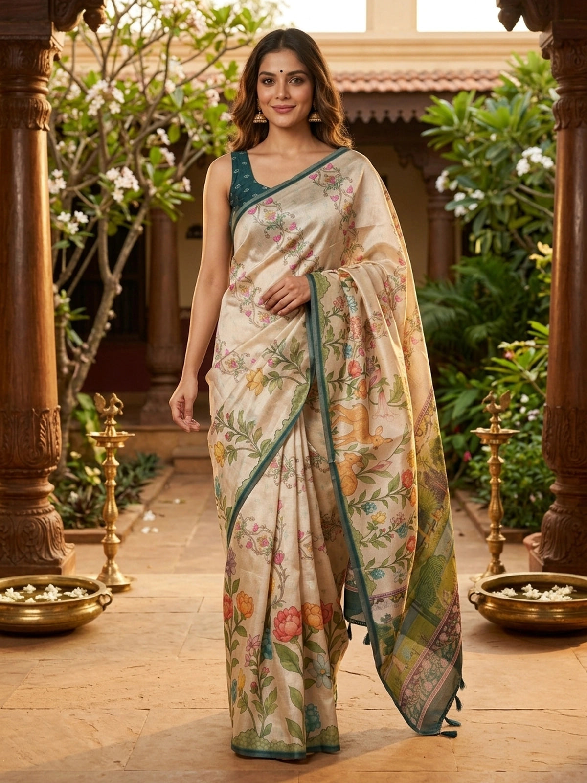 Cream and Teal Semi Tussar Saree