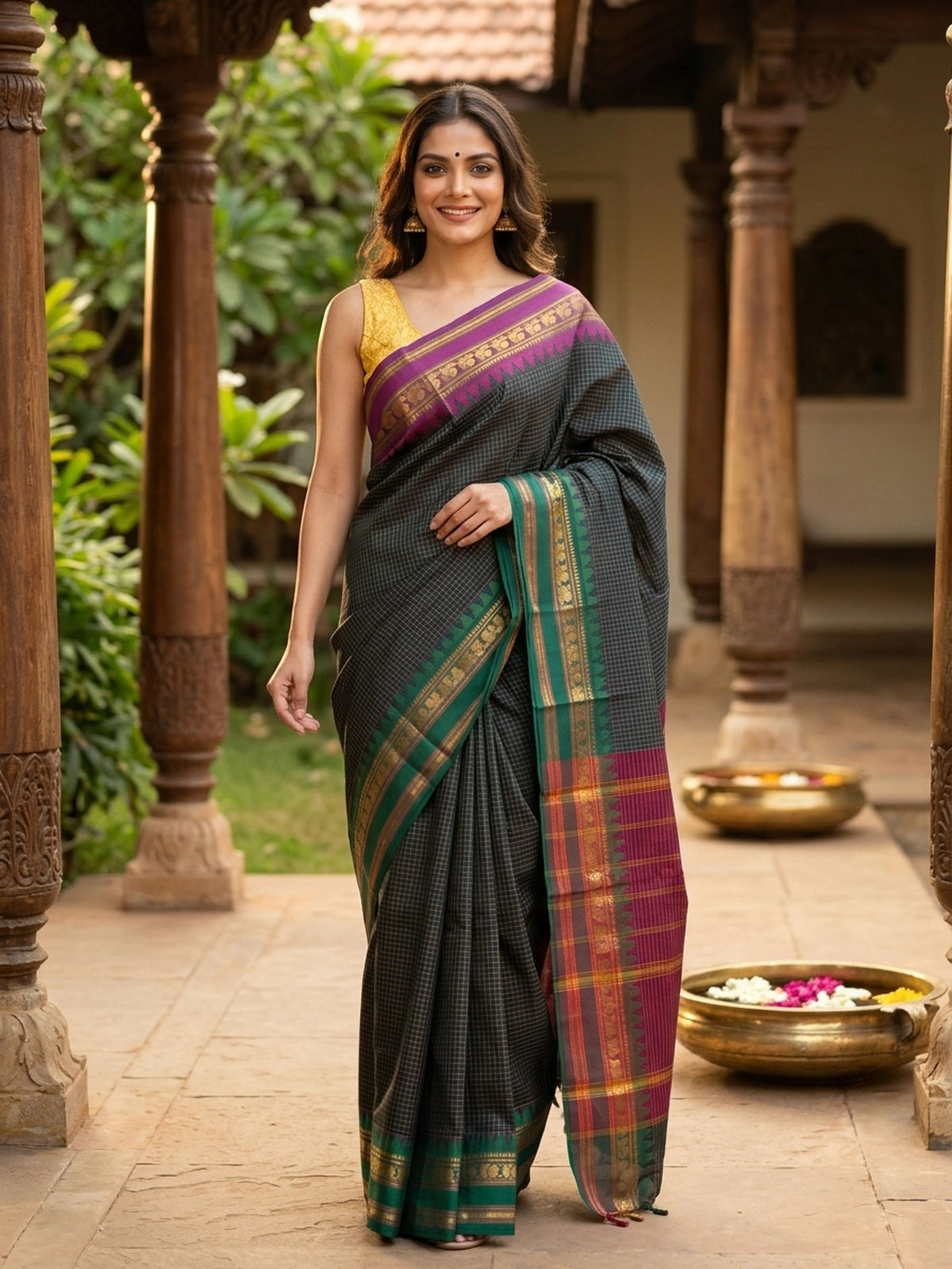 Teal Green and Magenta Chettinad Cotton Saree