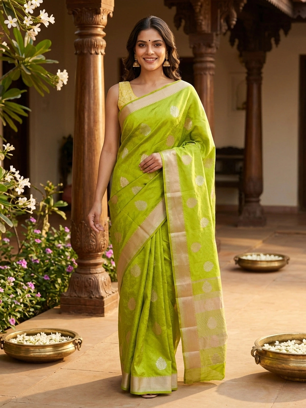 Lime Green and Beige Semi Tussar Saree