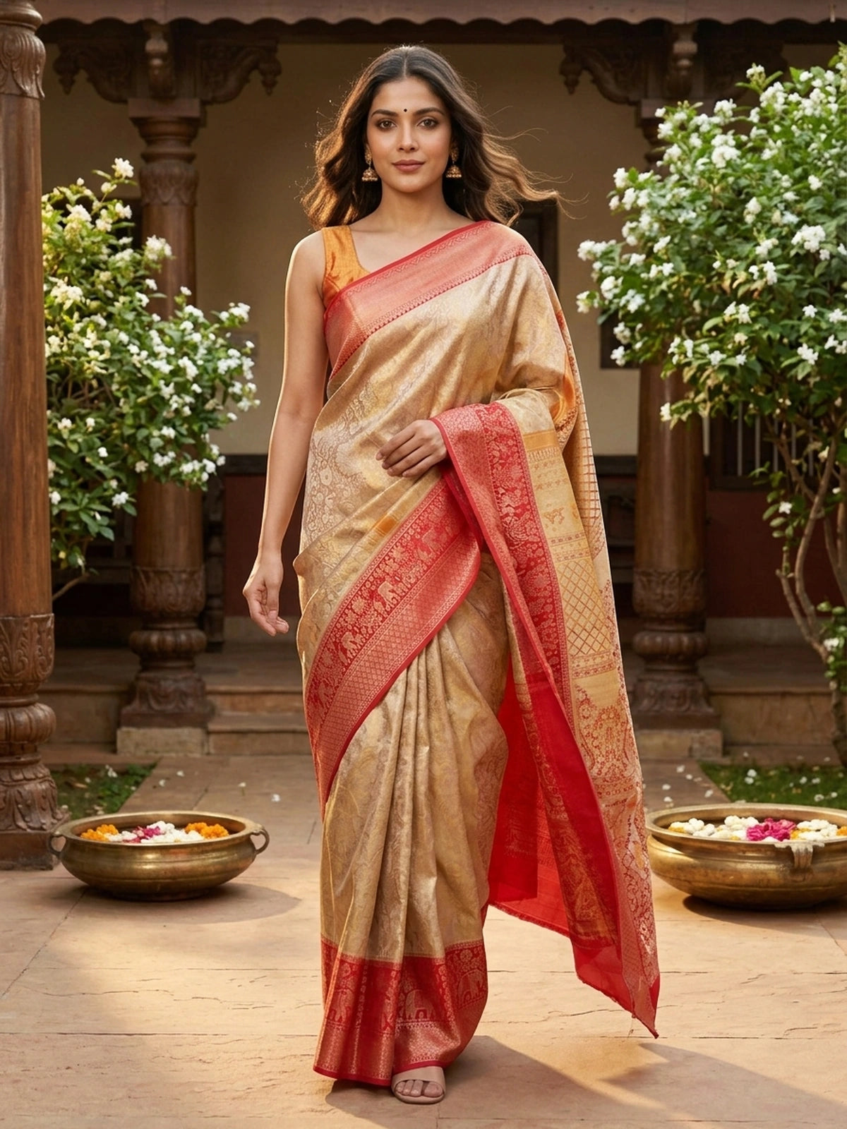 Cream-gold pure Kanchipuram silk saree with contrast red zari border and elephant motifs