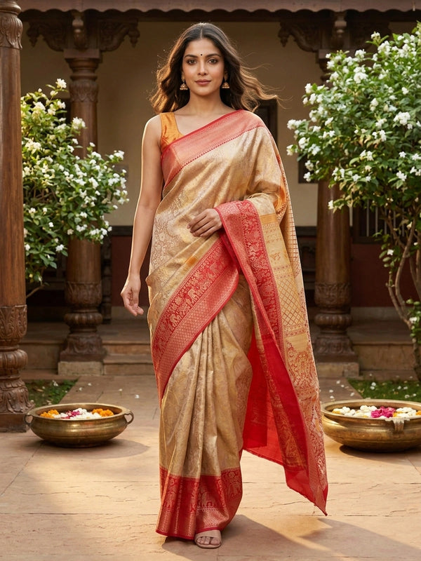 Cream-gold pure Kanchipuram silk saree with contrast red zari border and elephant motifs