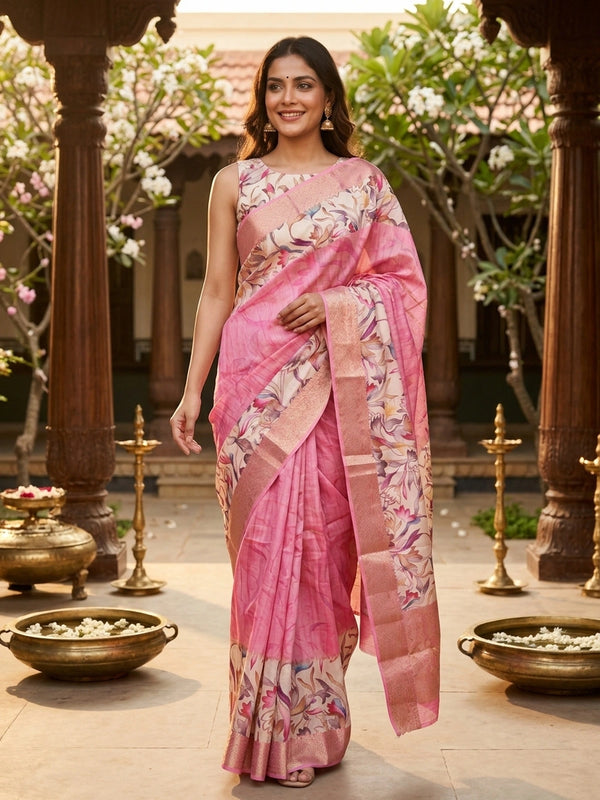 Pink and cream Dola silk saree with multicolour floral print and gold zari border