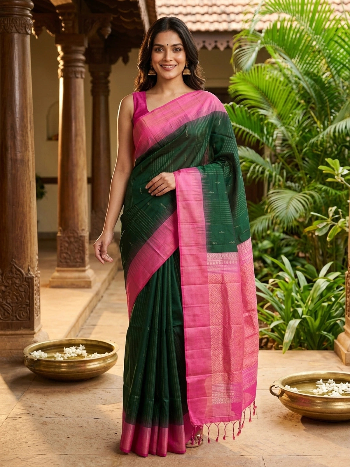 Bottle Green and Pink Pure Soft Silk Saree