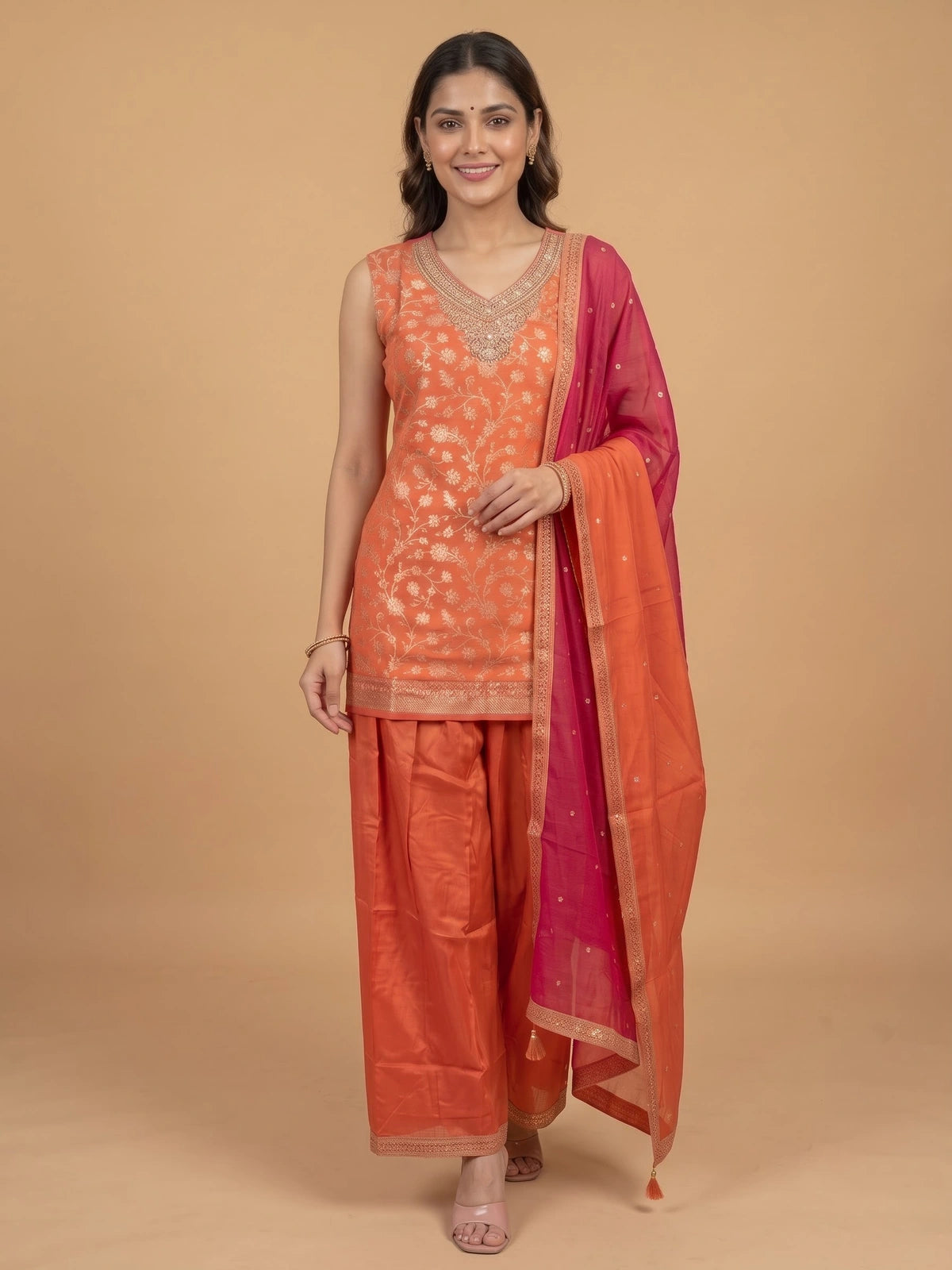 Orange floral zari silk embroidered straight cut kurti top with embellished neckline