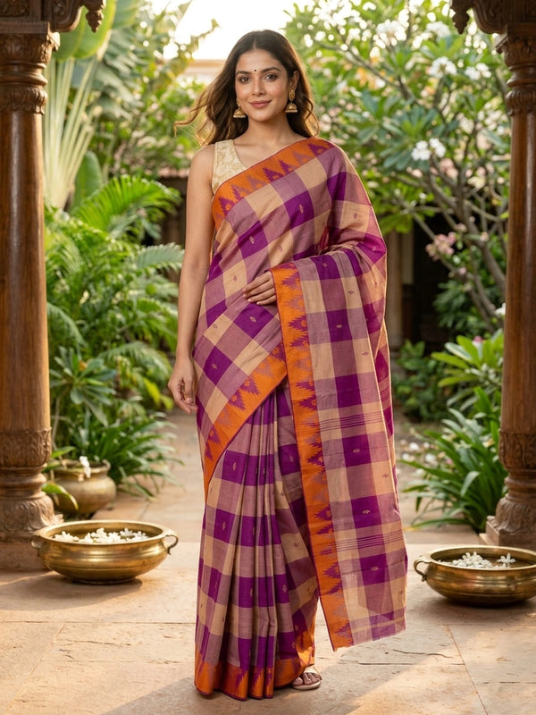 Purple and beige checked Chettinad cotton saree with contrast orange temple border