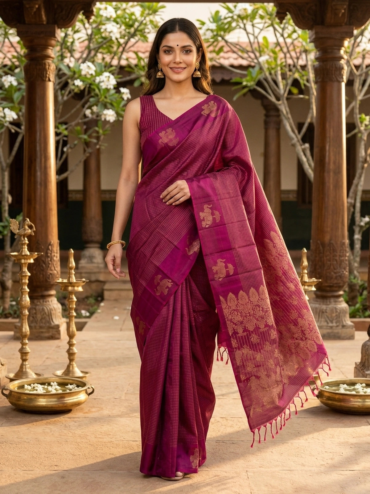 Magenta and Gold Pure Soft Silk Saree