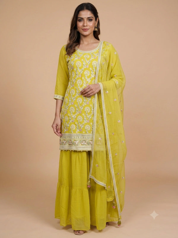 Lime Yellow Georgette Floral Embroidered Straight Cut Kurti Set with Sharara and Dupatta