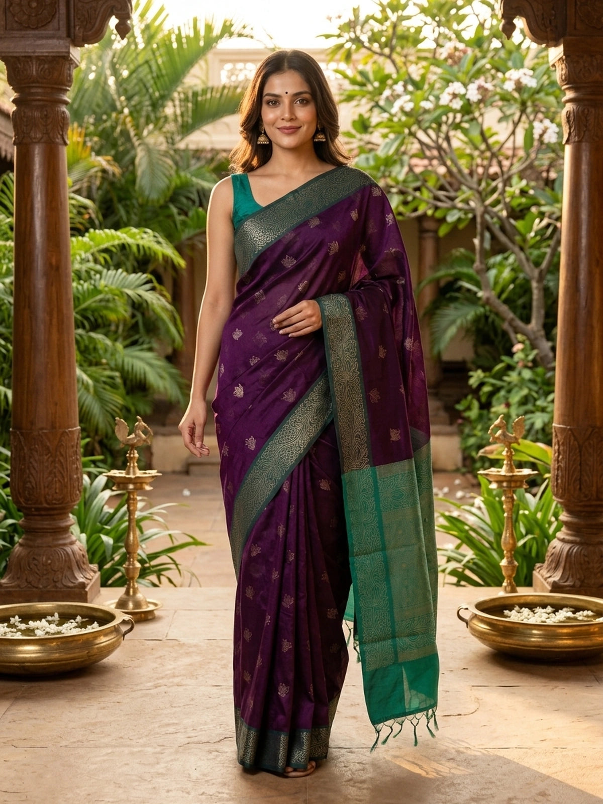 Purple silk cotton saree with teal-green contrast border and gold zari lotus motifs