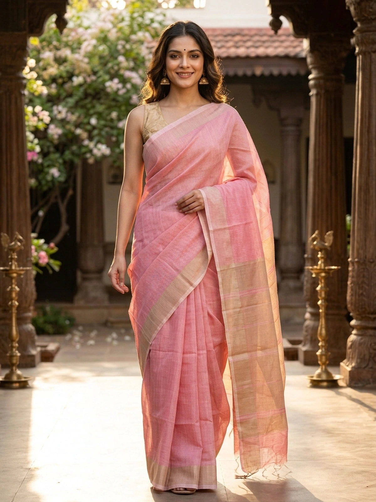 Pink and beige silk cotton saree with fine striped body, contrast beige pallu and golden-lined border