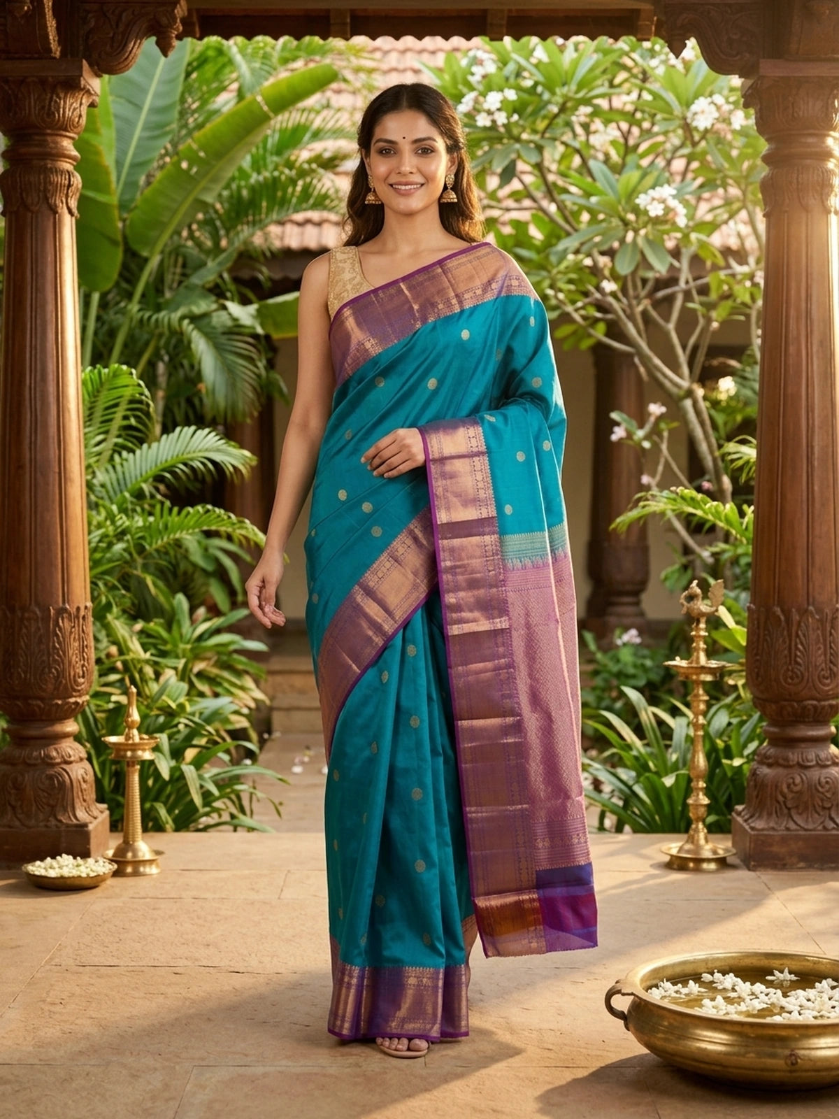 Teal Blue and Magenta Pure Kanchipuram Silk Saree