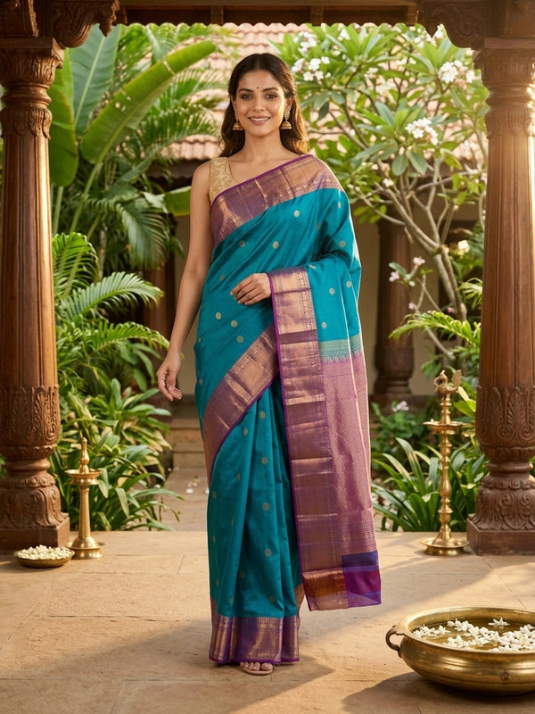 Teal blue pure Kanchipuram silk saree with contrast magenta border and gold zari buttas