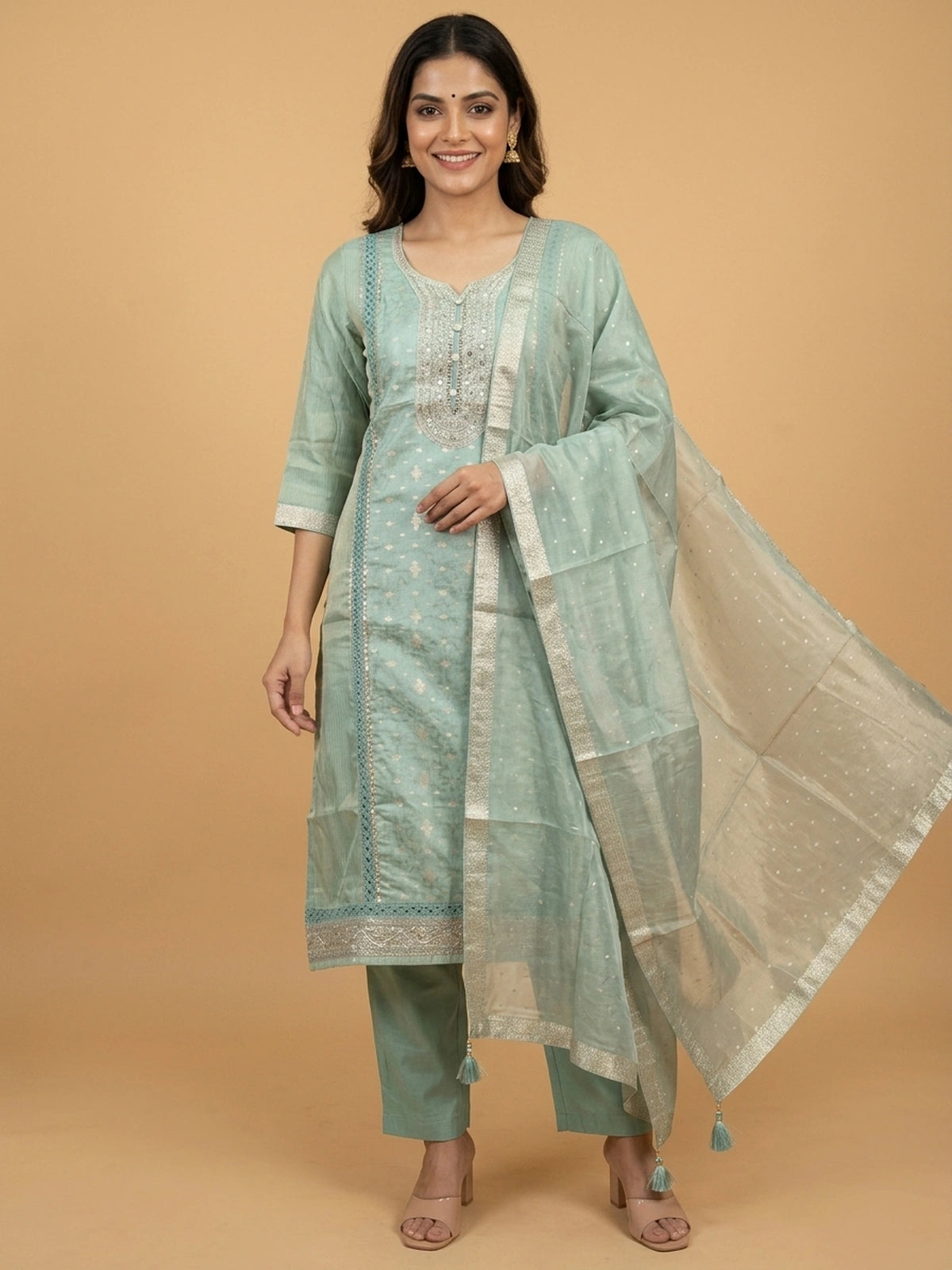 Sea Green Chanderi silk zari embroidered straight cut kurti set with pants and gold-dotted dupatta