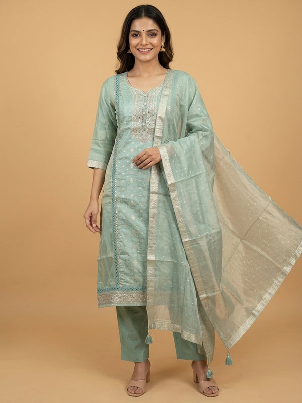 Sea Green Chanderi silk zari embroidered straight cut kurti set with pants and gold-dotted dupatta