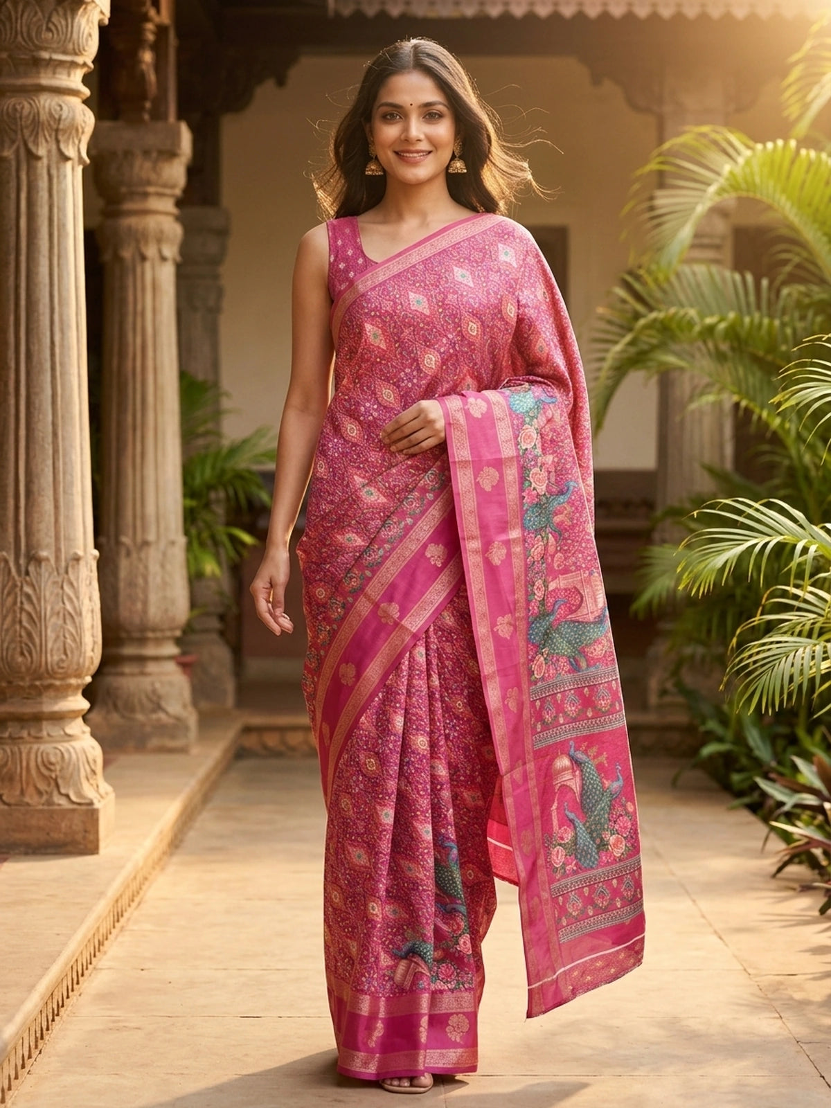 Pink and Teal Dola Silk Saree