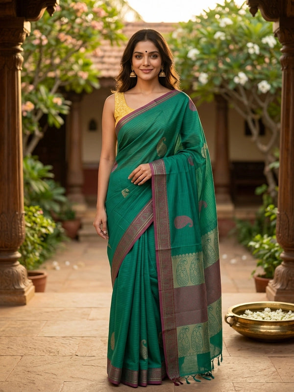 Teal green semi raw silk saree with magenta gold zari paisley border and buttas