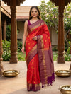 Orange-Red and Purple Pure Kanchipuram Silk Saree