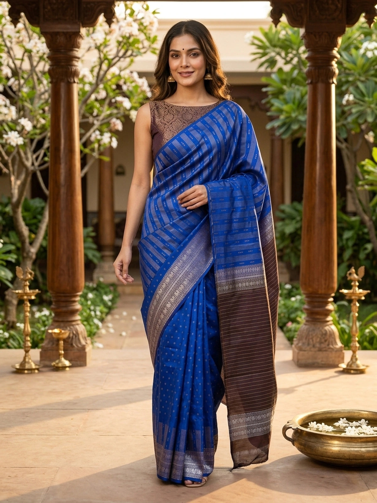 Royal blue semi silk saree with silver zari stripes and contrast dark brown border and pallu