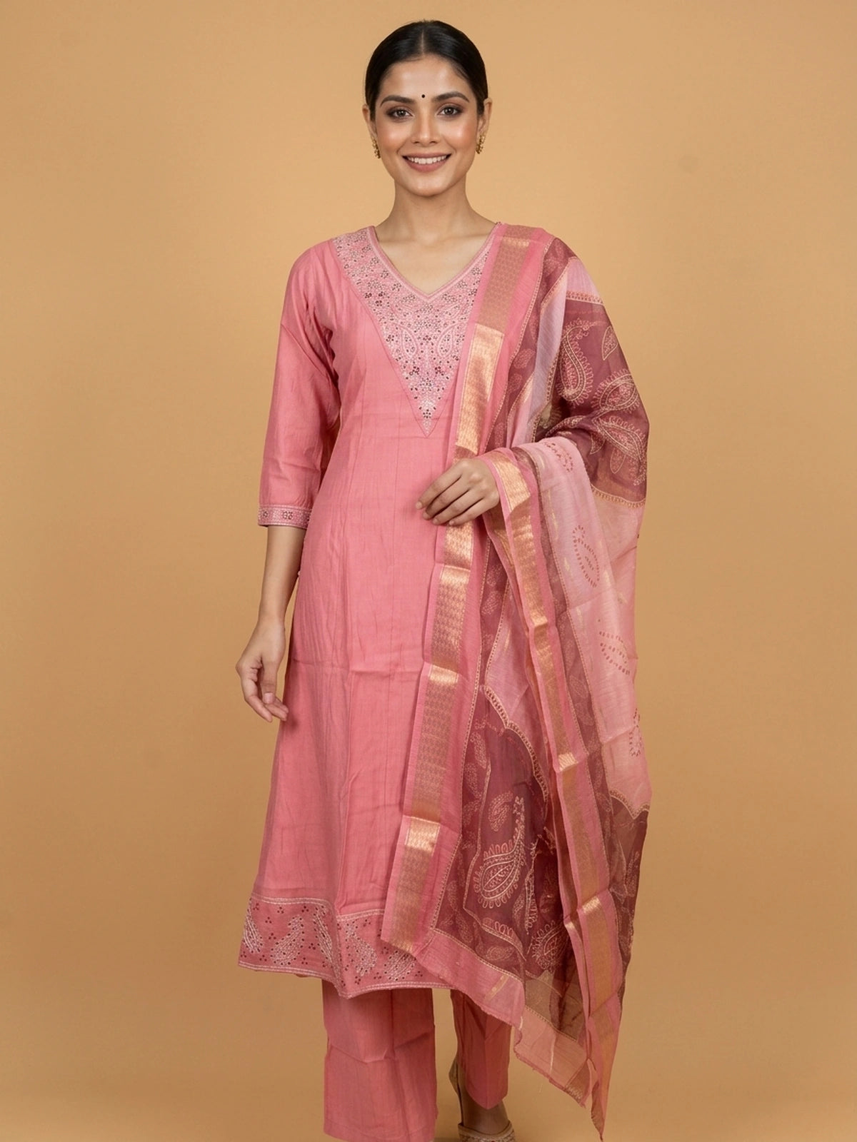Rose Pink cotton embroidered A-Line kurti set with maroon contrast zari dupatta