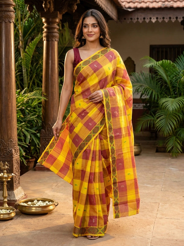 Yellow and red Chettinad cotton saree with checks, paisley buttas and contrast geometric border