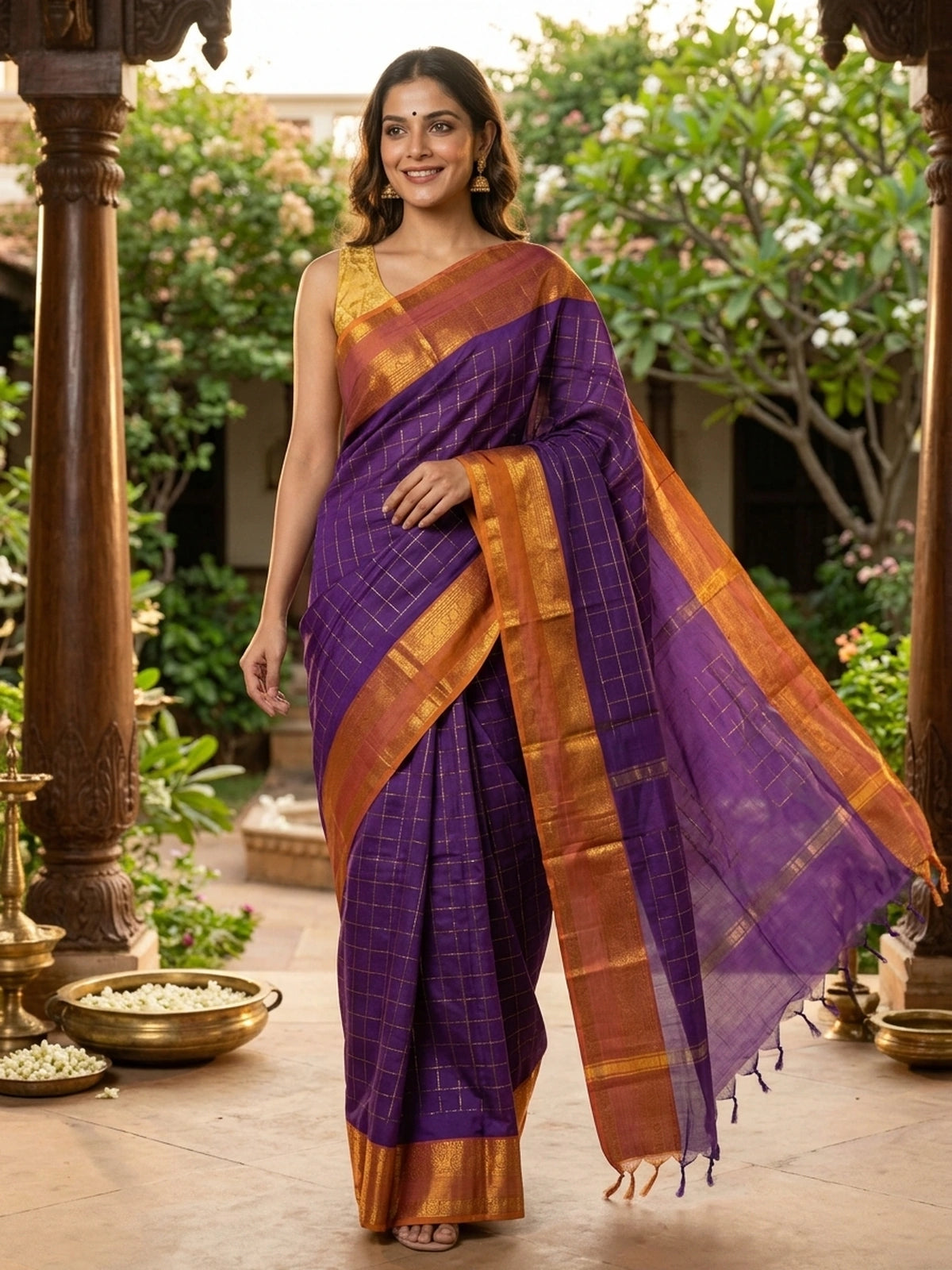 Purple and Mustard Chettinad Cotton Saree