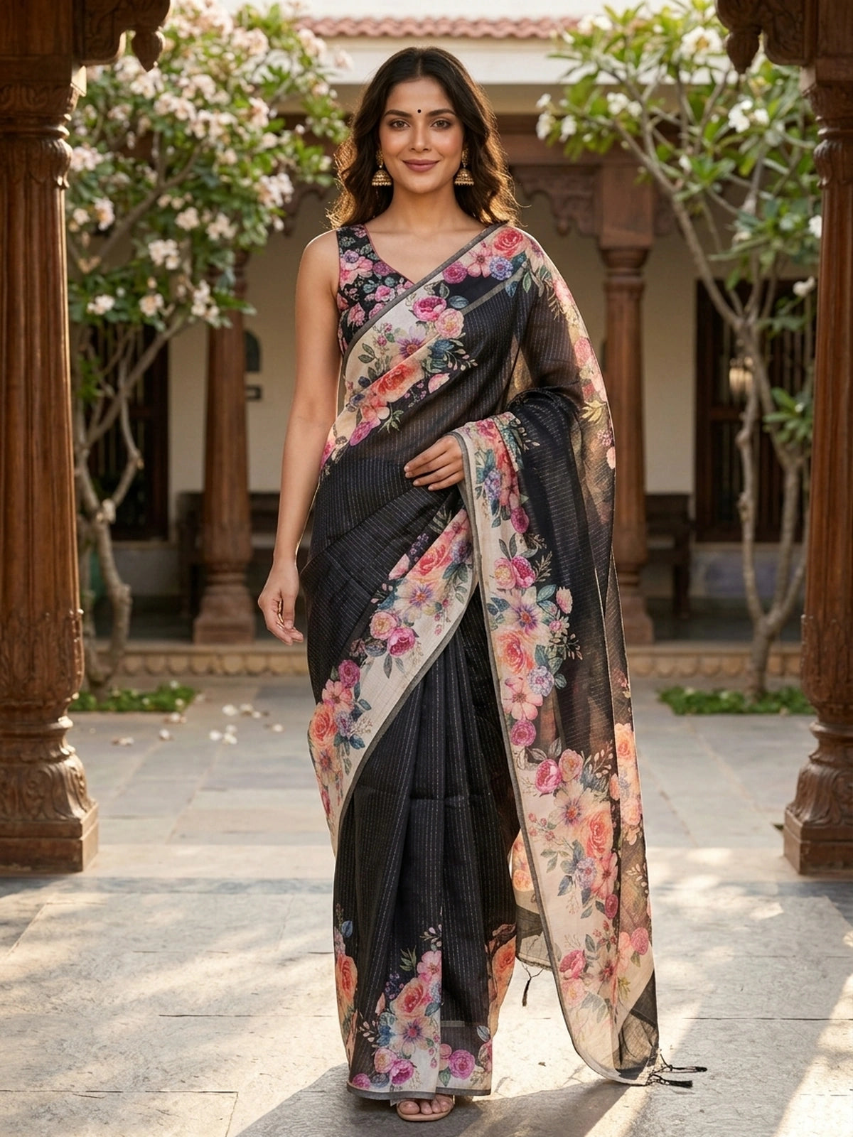 Black semi tussar saree with multicolour floral printed border and pallu on a cream ground