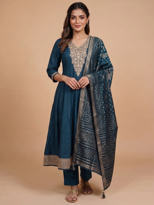 Teal Blue Art Silk Zari Embroidered Anarkali Kurti Set with Bandhani Dupatta