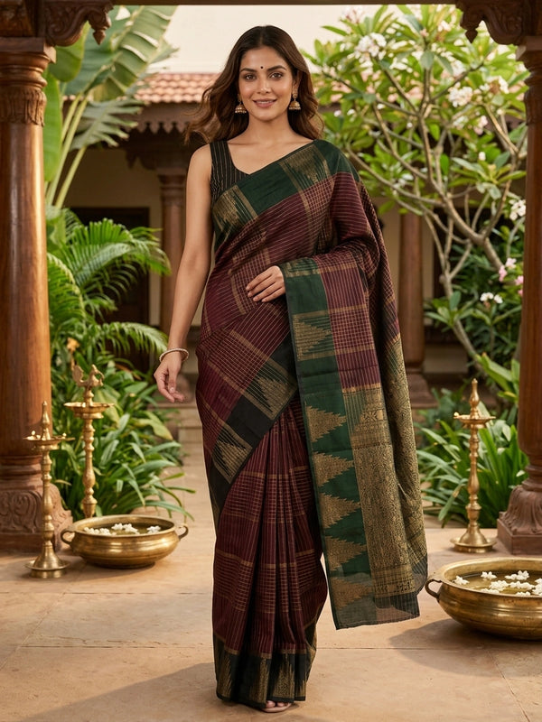 Maroon pure silk cotton saree with gold zari checks and contrast black temple border