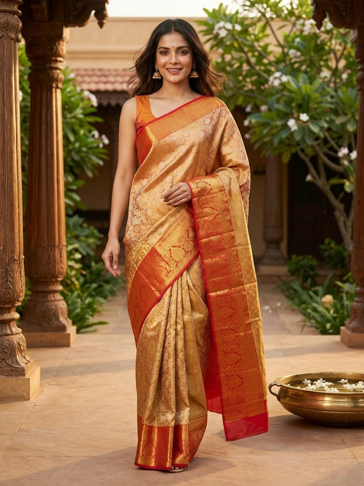 Golden Mustard and Red Pure Kanchipuram Silk Saree