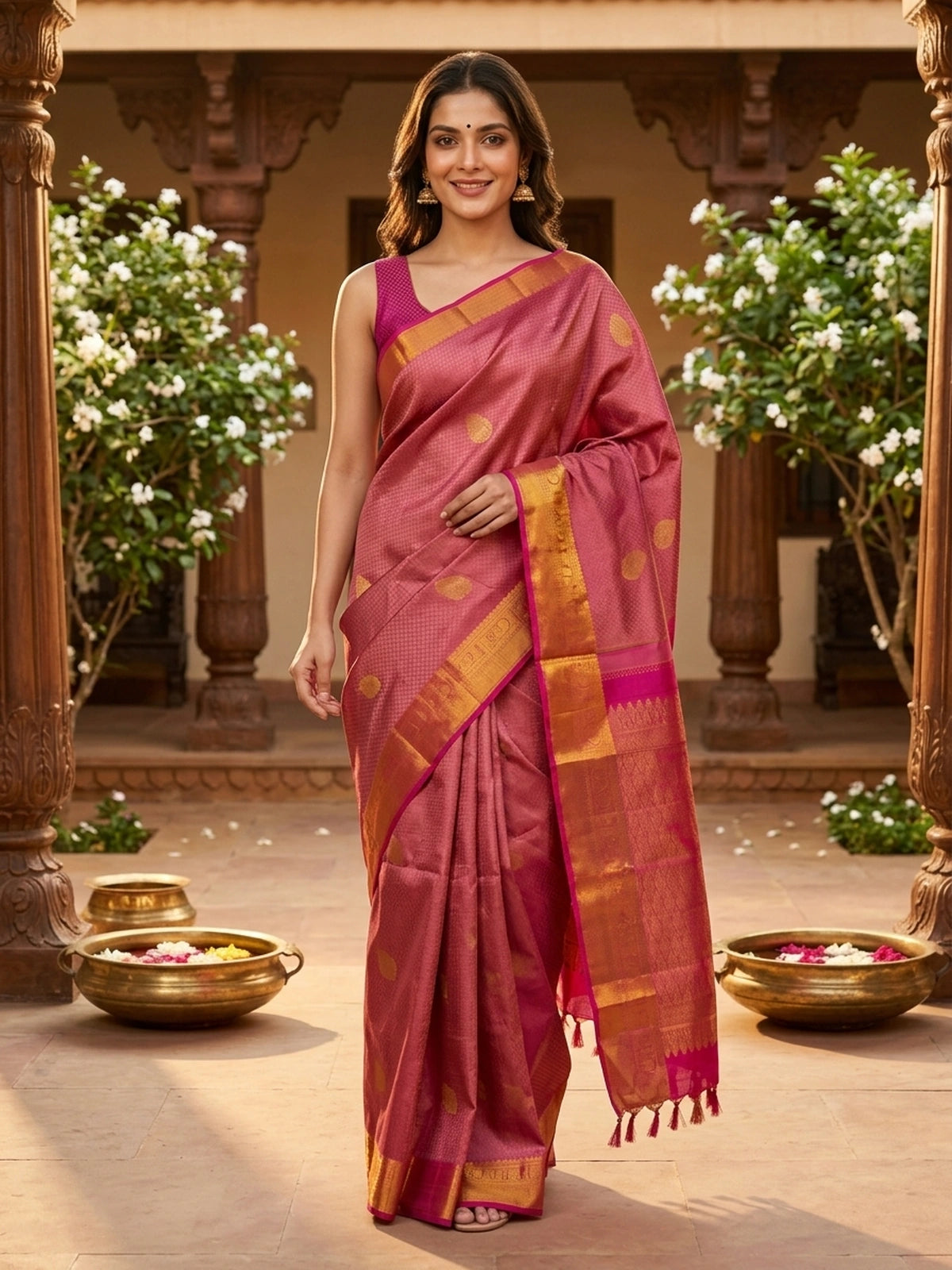 Rose pink pure Kanchipuram silk saree with contrast magenta gold zari border and brocade pallu