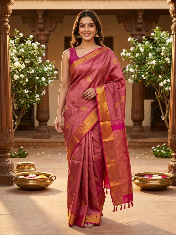 Rose pink pure Kanchipuram silk saree with contrast magenta gold zari border and brocade pallu