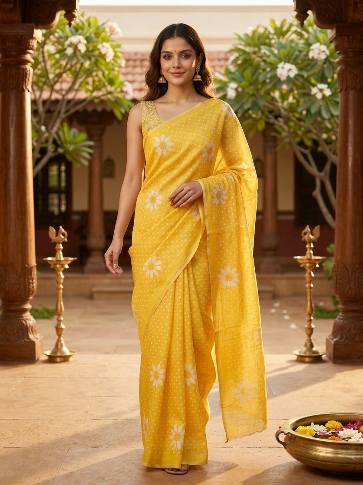 Yellow and White Linen Cotton Saree