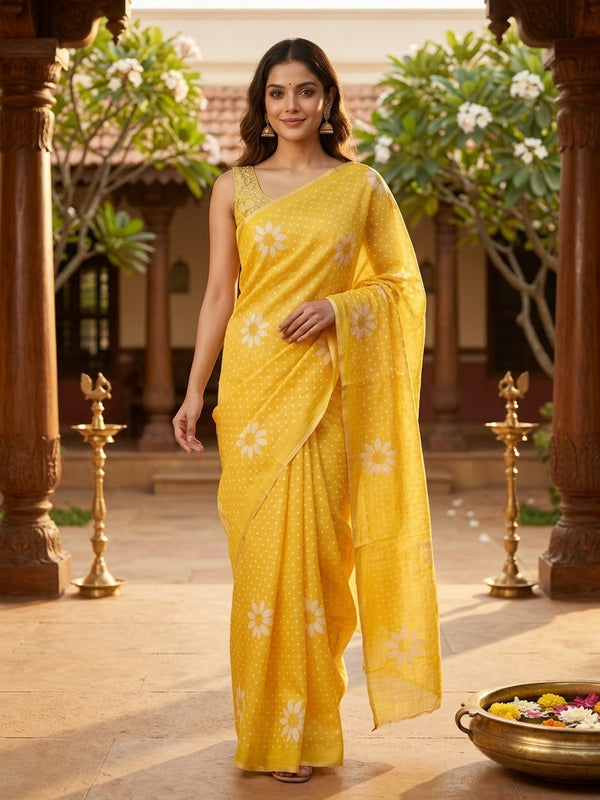 Yellow and white polka dot linen cotton saree with daisy floral prints and slim golden border