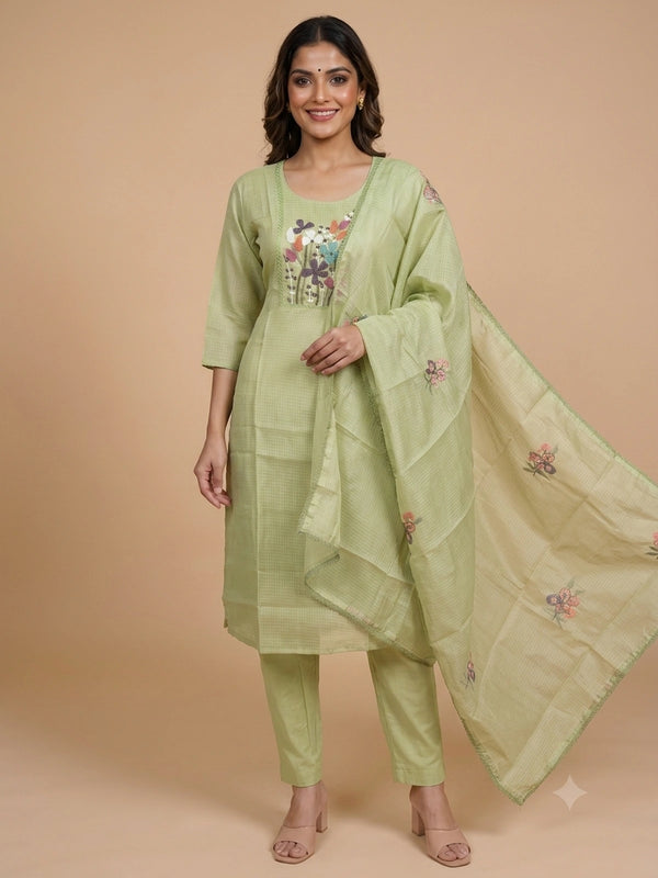 Pista green kota straight cut kurti set with multicolour floral beadwork and embroidered dupatta